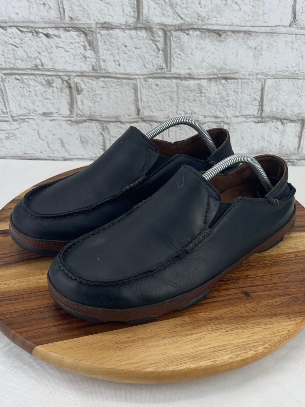 Olukai Moloa 10128-4033 Mens 10.5 Black Brown Leather Slip On Comfort Loafers